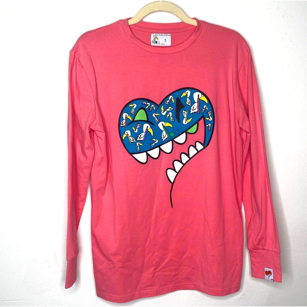 RARE Ibis Heart On Sleeve Collection Pink Coral Tee Long Sleeve Fine Cotton SM